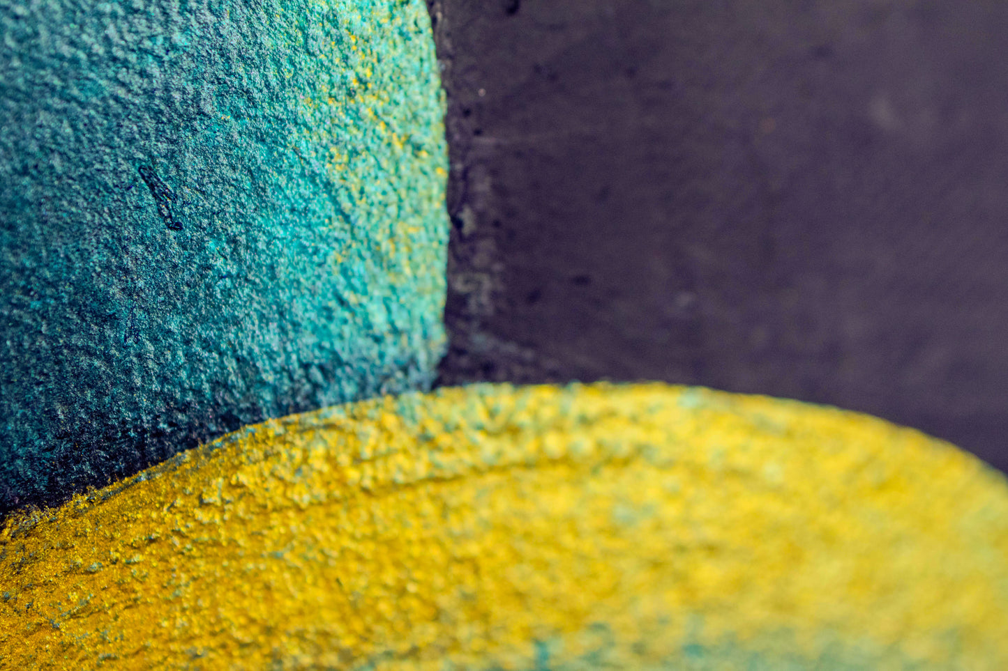 Teal-yellow textured piece titled She Sells Seashells, born during rebuilding after a painful life chapter.