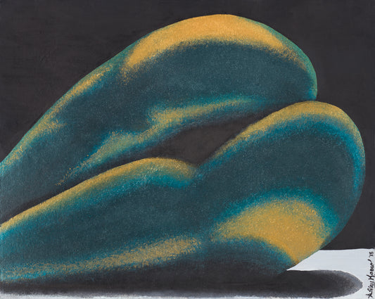 She Sells Seashells: abstract teal and gold shell shapes on a dark canvas.
